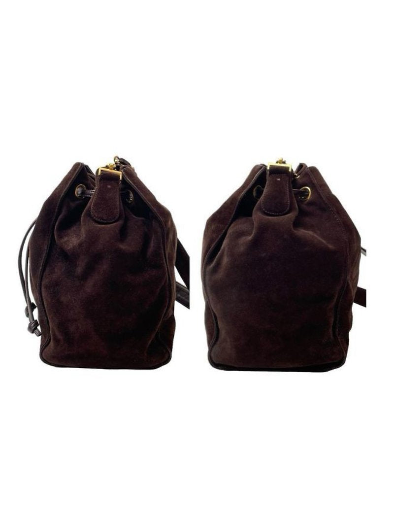 CHANEL complete accessories • Rare brown leather gold chain drawstring small bucket/side bag
