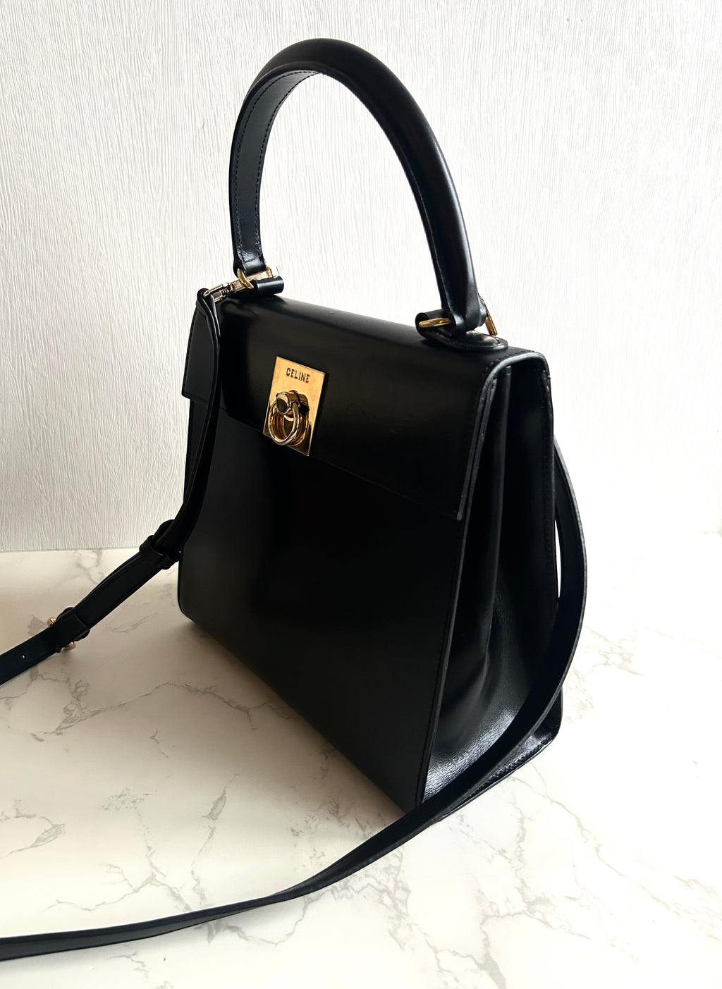Celine Small Black and Gold Two-Way Kelly Bag Leather Crossbody Bag Shoulder Bag Handbag