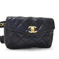 CHANEL rare black blue leather gold rotating buckle belt bag/side bag/clutch bag