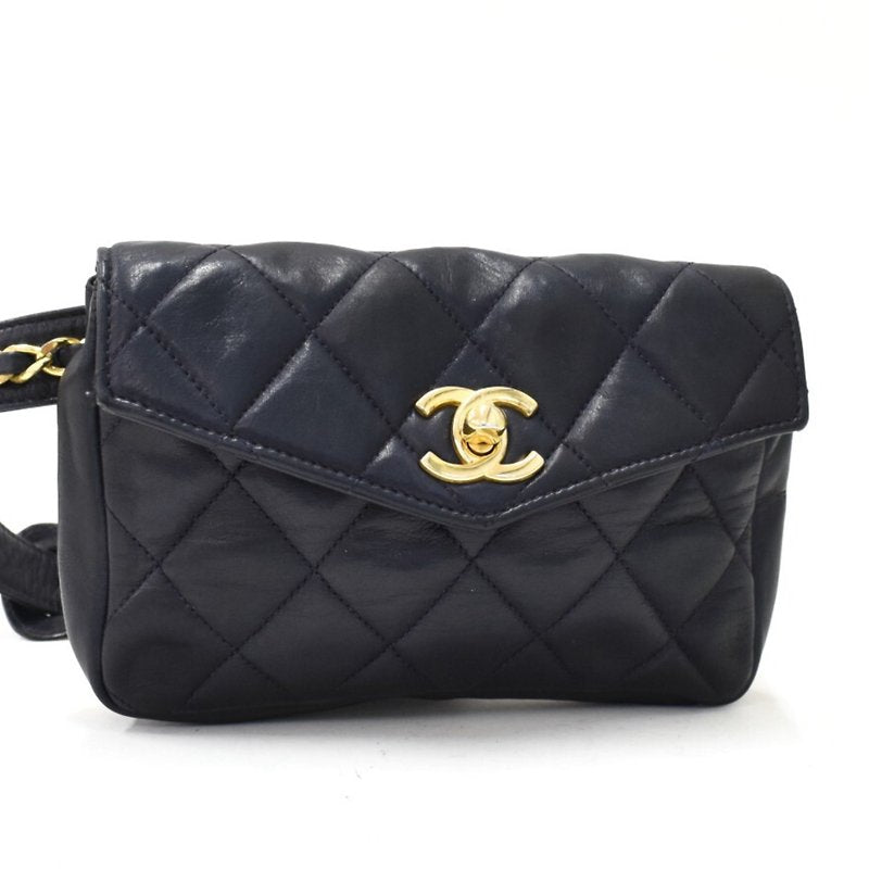 CHANEL rare black blue leather gold rotating buckle belt bag/side bag/clutch bag