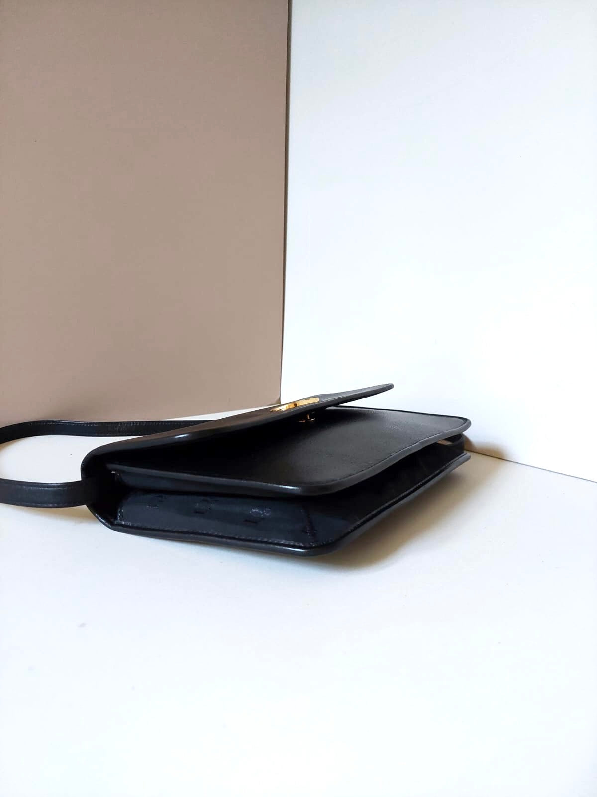 CHRISTIAN DIOR Rare black leather CD gold buckle flap side bag / short crossbody bag