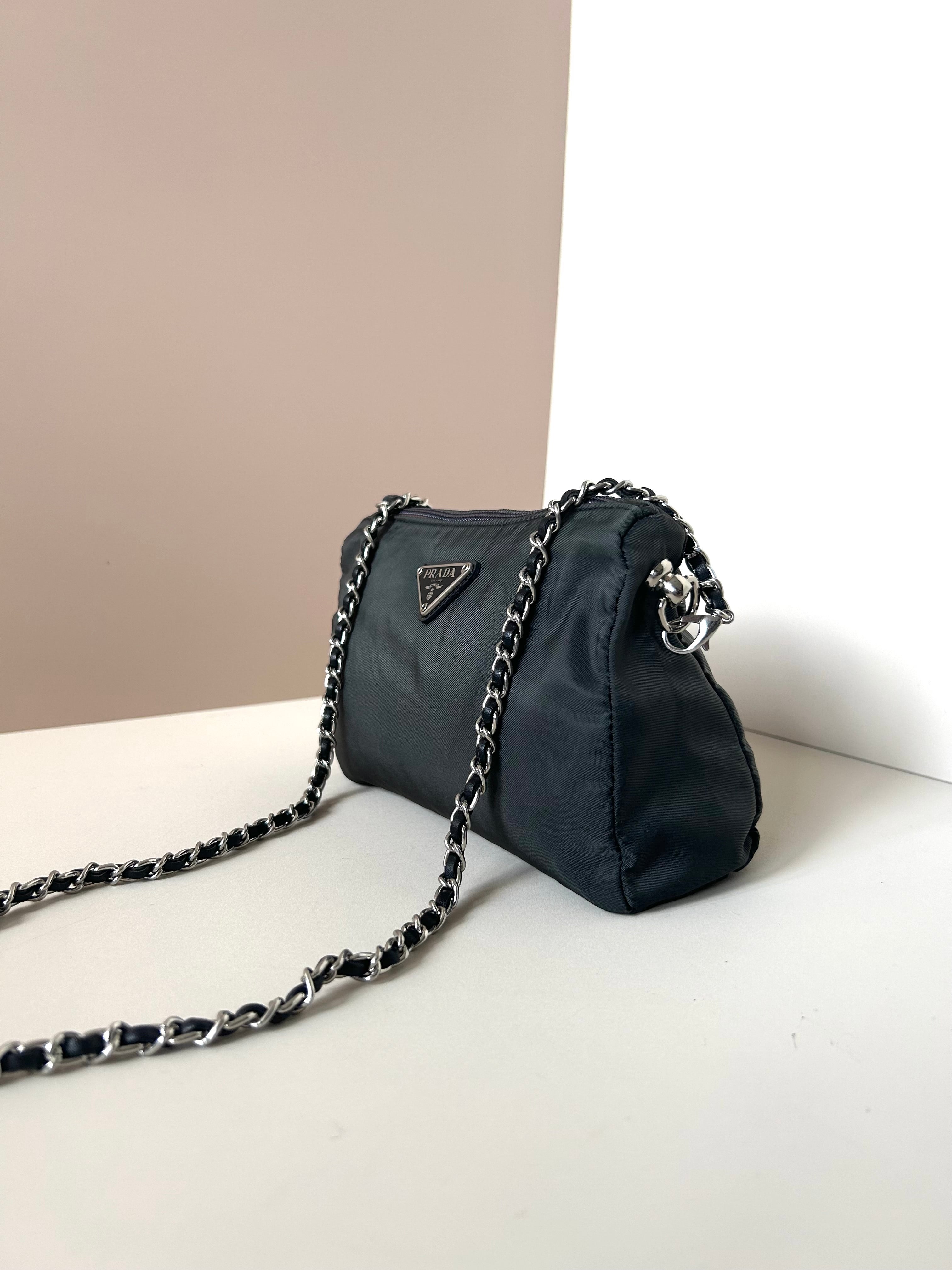 PRADA parachute black chain small bag/shoulder bag/side backpack