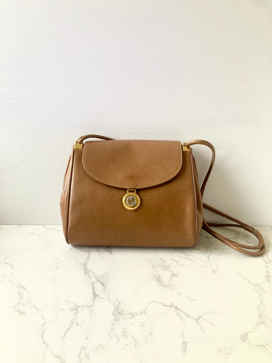 GUCCI Rare Caramel Brown x Gold Coin Leather Shoulder Bag