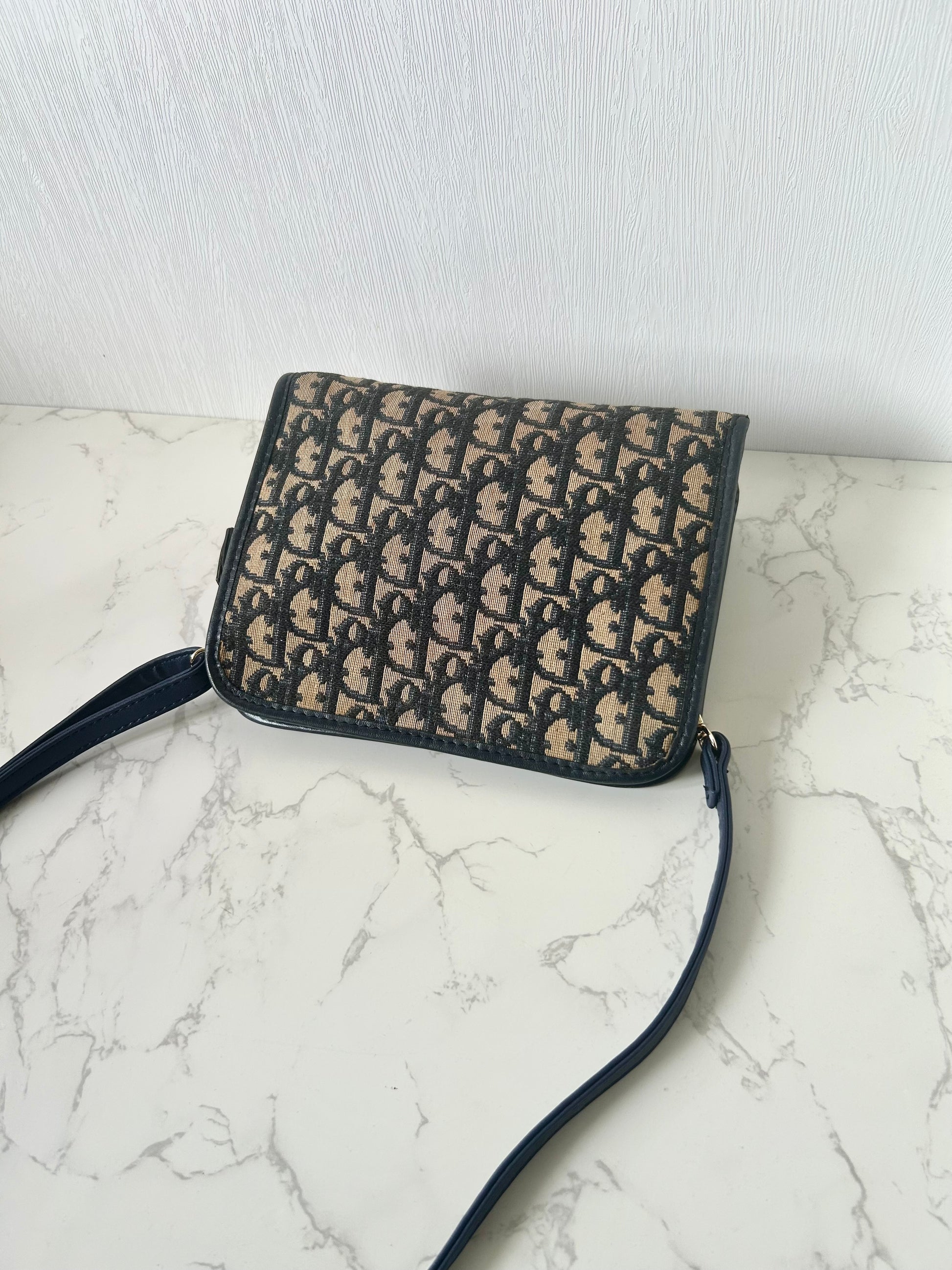 CHRISTIAN DIOR dark blue and black monogram shoulder bag / side bag / oblique bag