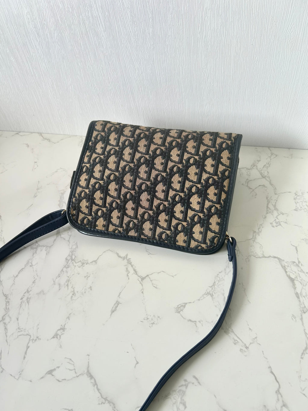 CHRISTIAN DIOR dark blue and black monogram shoulder bag / side bag / oblique bag