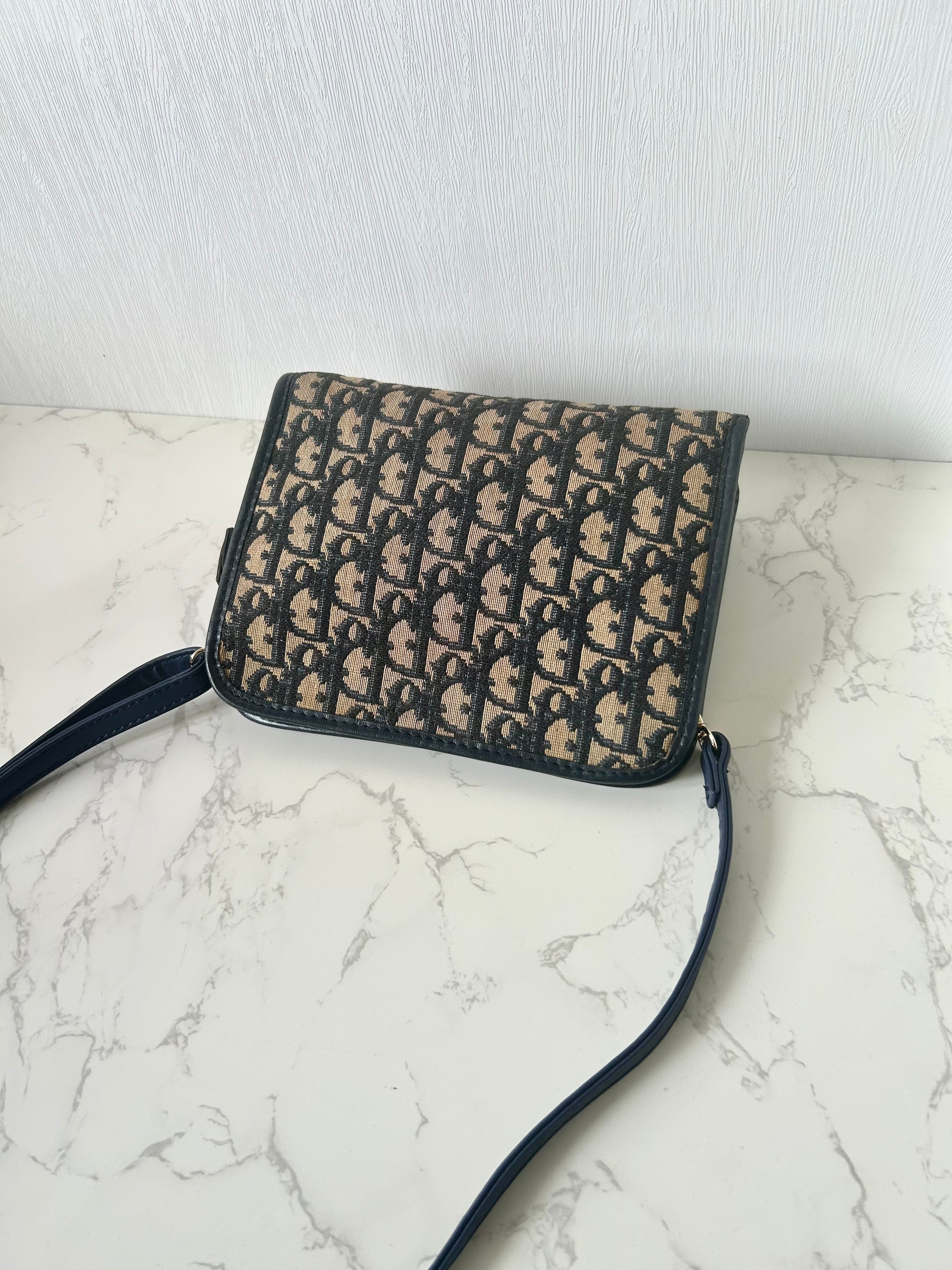 CHRISTIAN DIOR dark blue and black monogram shoulder bag / side bag / oblique bag