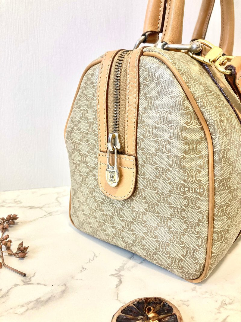 CELINE Beige Brown Old Flower Leather Boston Handbag/Side Bag/Messenger Bag