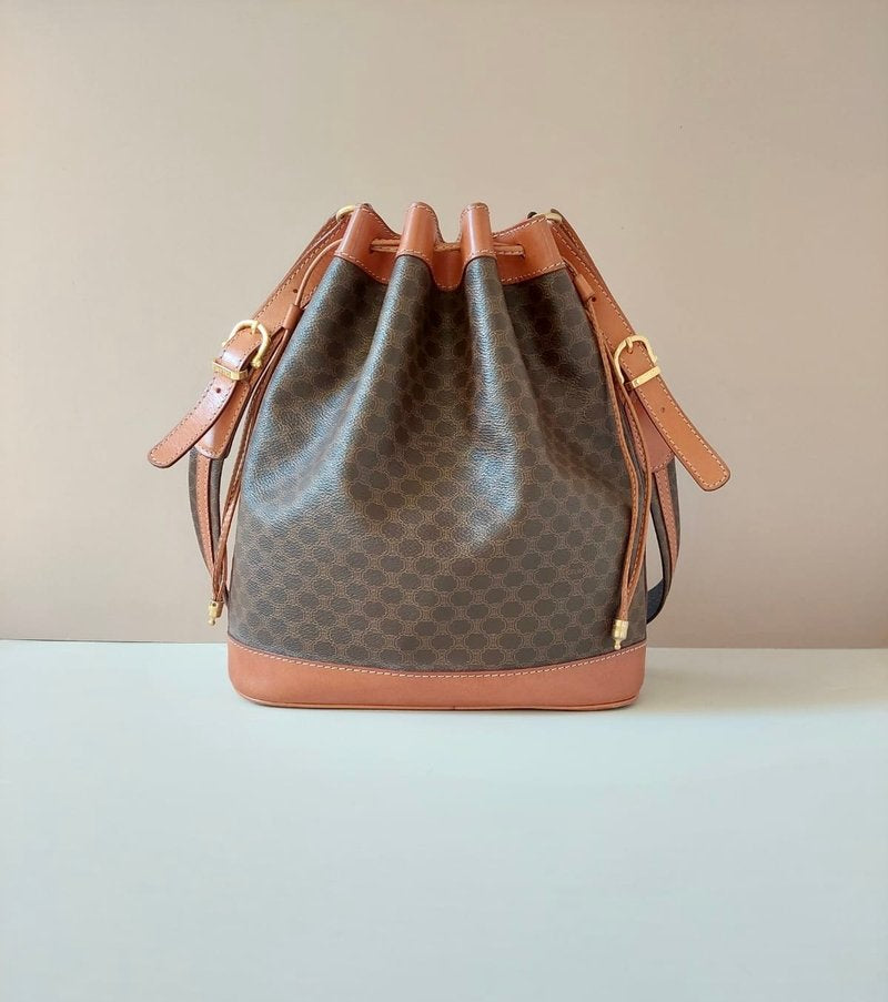 CELINE Brown Old Flower Leather Single Shoulder Drawstring Bucket Bag / Side Bag