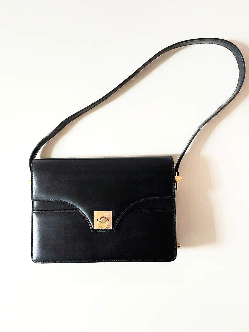 CELINE Rare Black Gold Buckle Calfskin Leather Flap Box Bag/Shoulder Bag/Hobo Bag