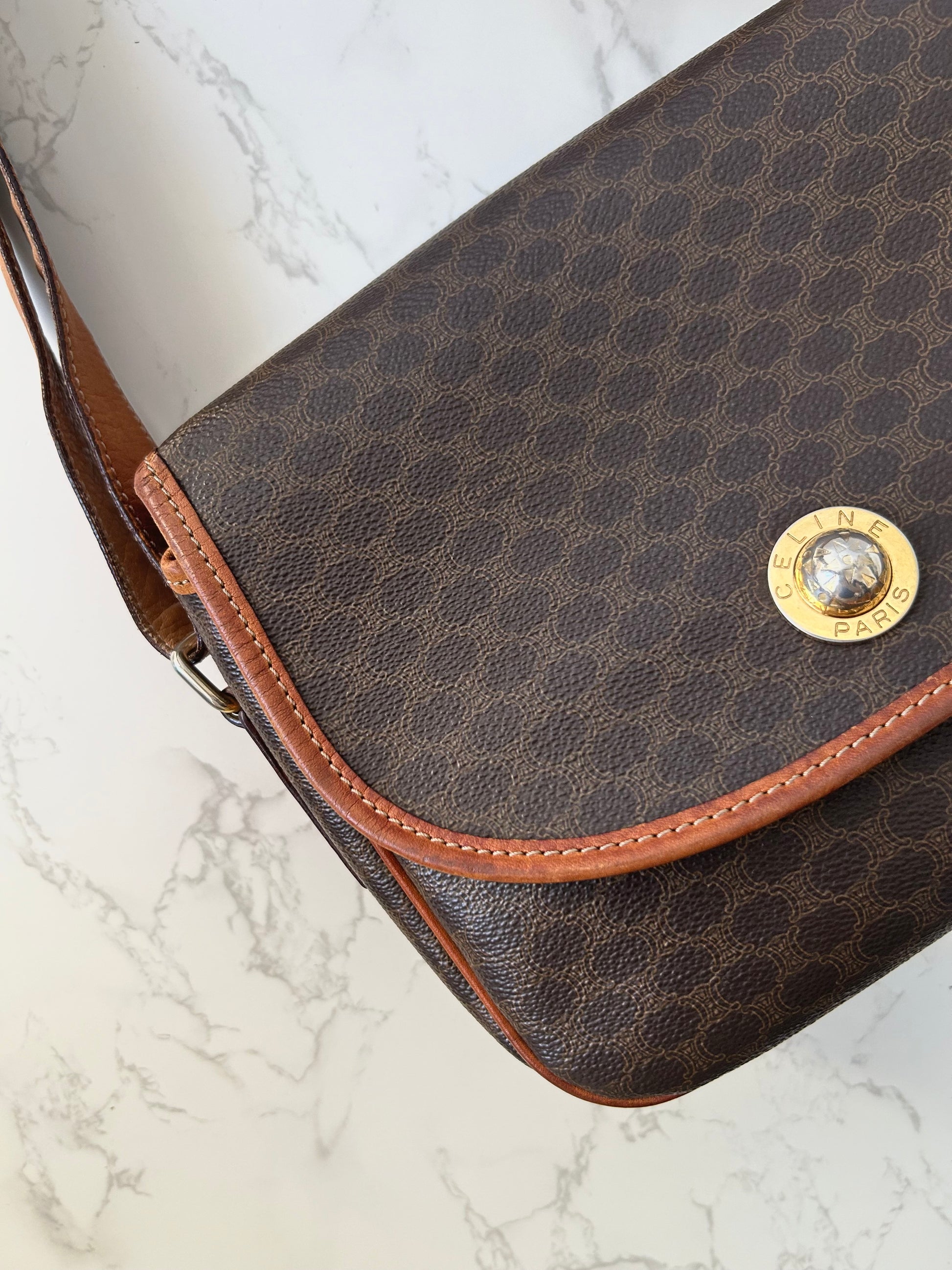 CELINE Rare Planet Brown Old Flower Leather Tofu Small Bag/Side Bag/Messenger Bag