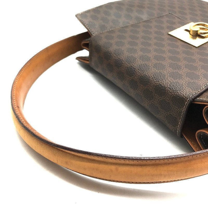 CELINE rare coffee color old flower gold buckle Kelly leather flap handbag