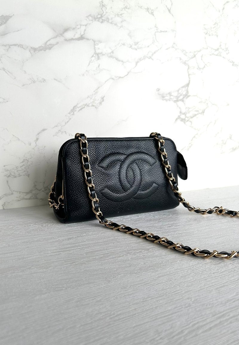 CHANEL Rare Black Caviar Leather Chain Small Bag/Side Bag/Messenger Bag/Clutch Bag