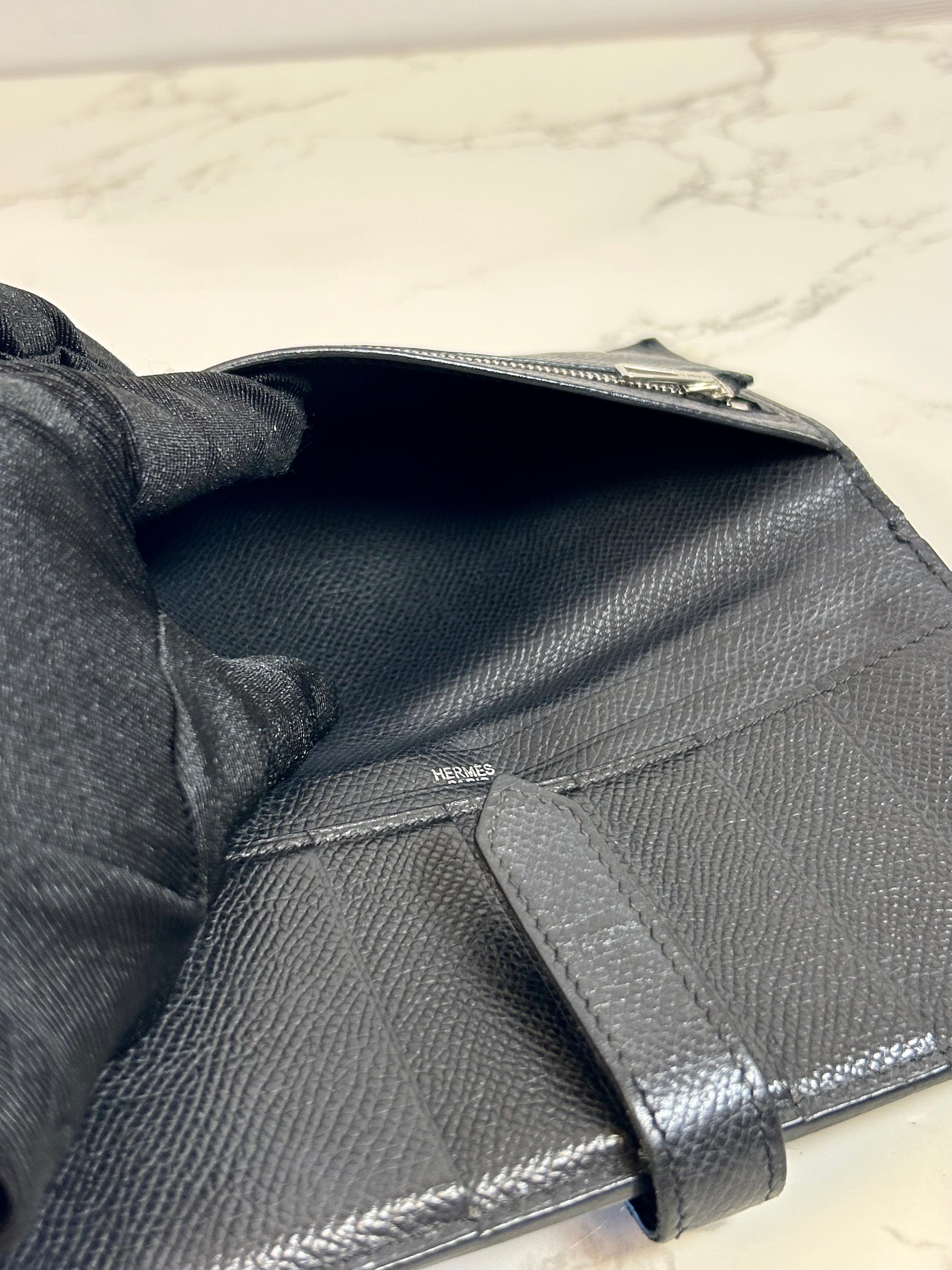 HERMES Bearn Black Silver Buckle Lambskin Leather Long Wallet/Wallet