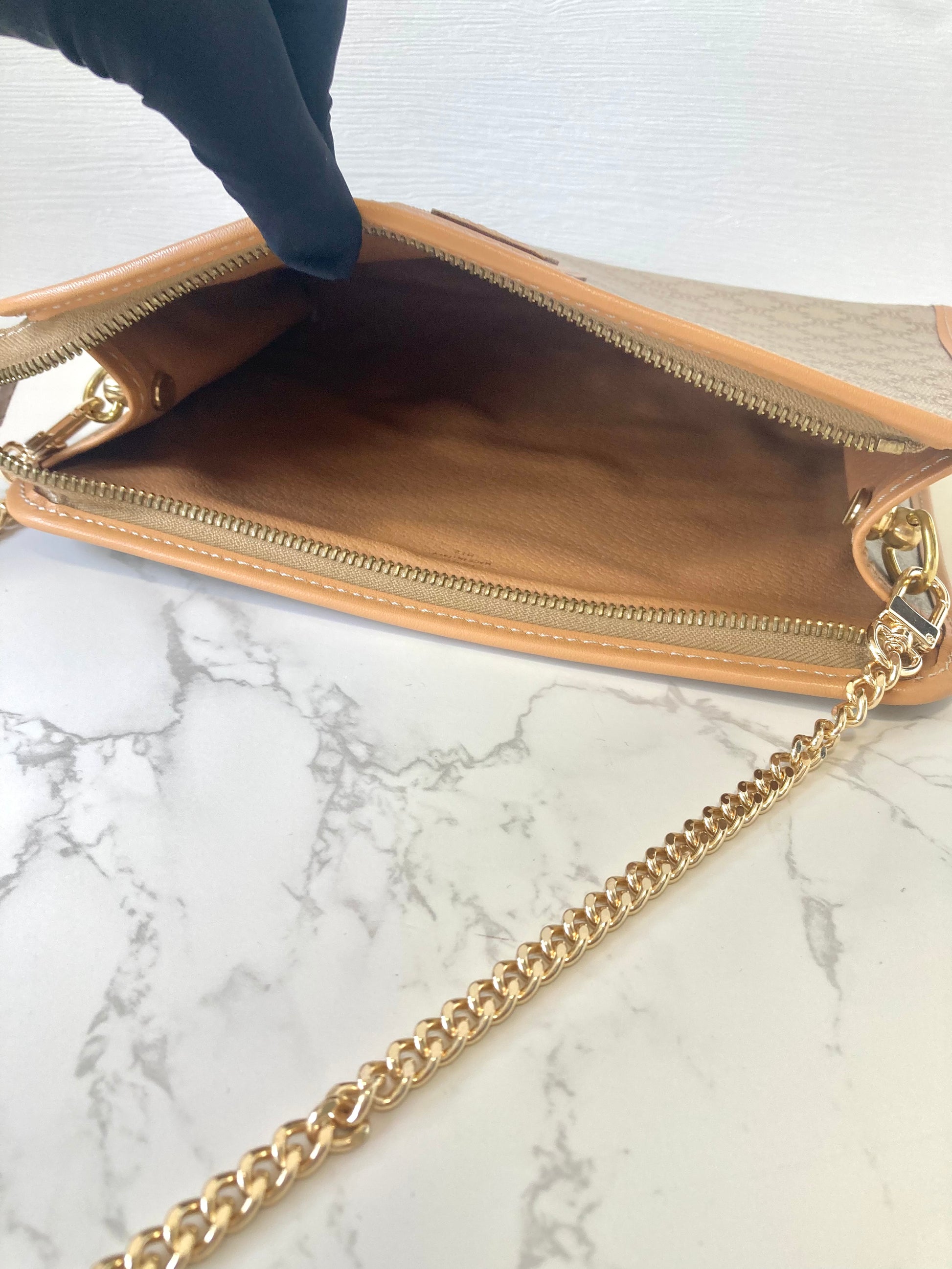 CELINE Beige Triomphe Monogram Chain Shoulder Bag