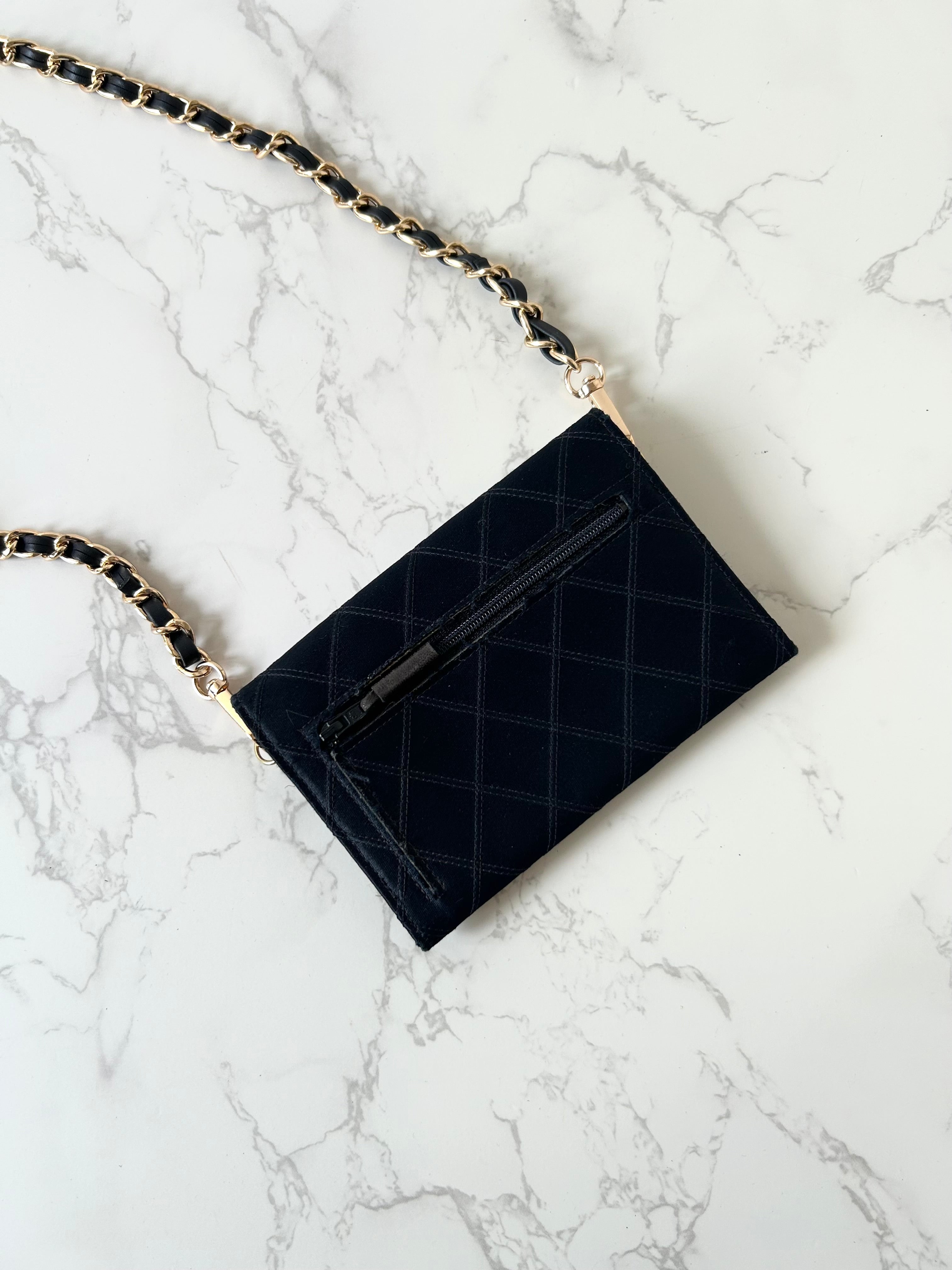 CHANEL Rare Black Satin Rhinestone Small Bag/Side Bag/Messenger Bag/Clutch Bag