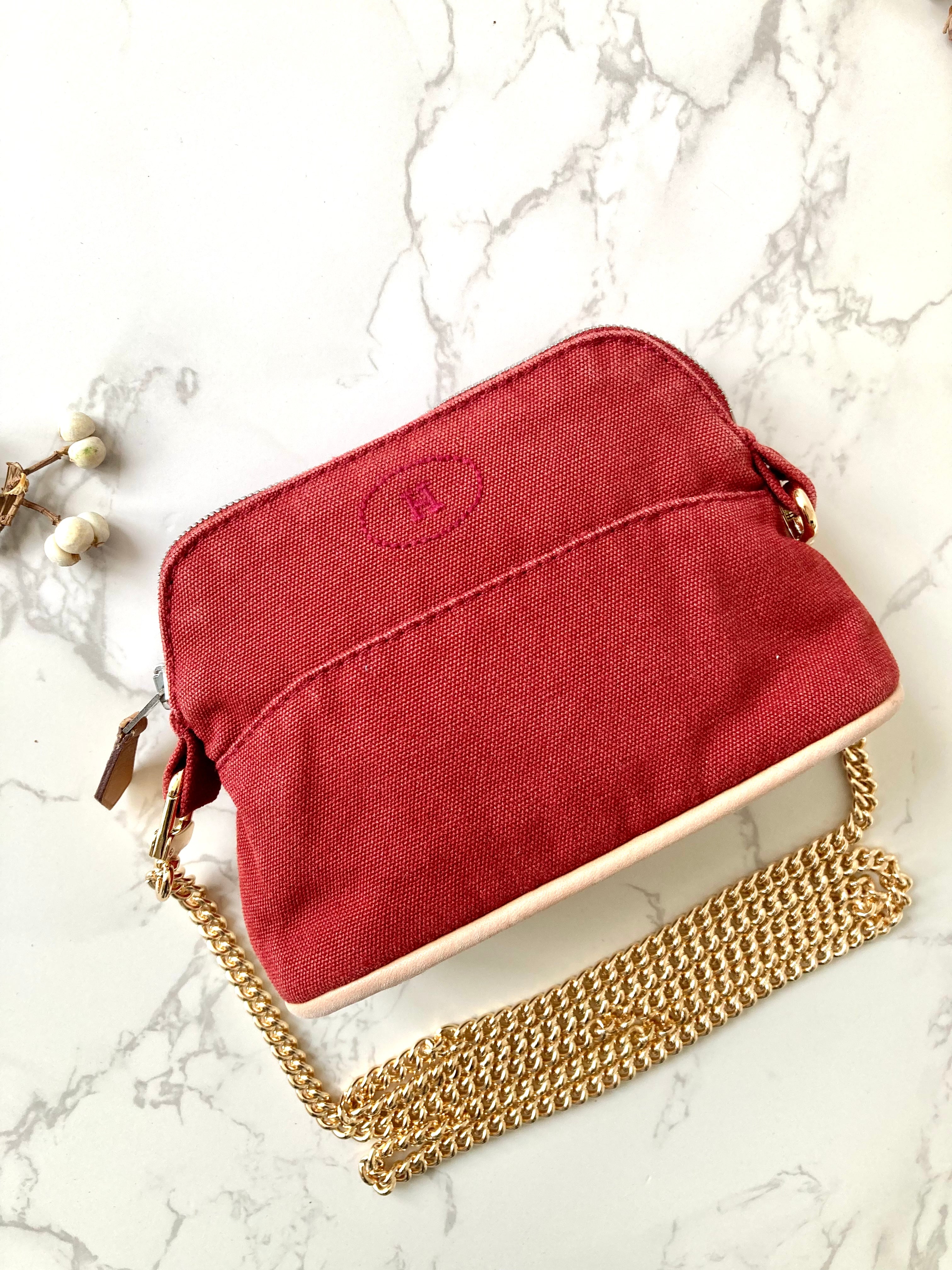 HERMES light red canvas leather with chain small bag/clutch bag/side bag/underarm bag