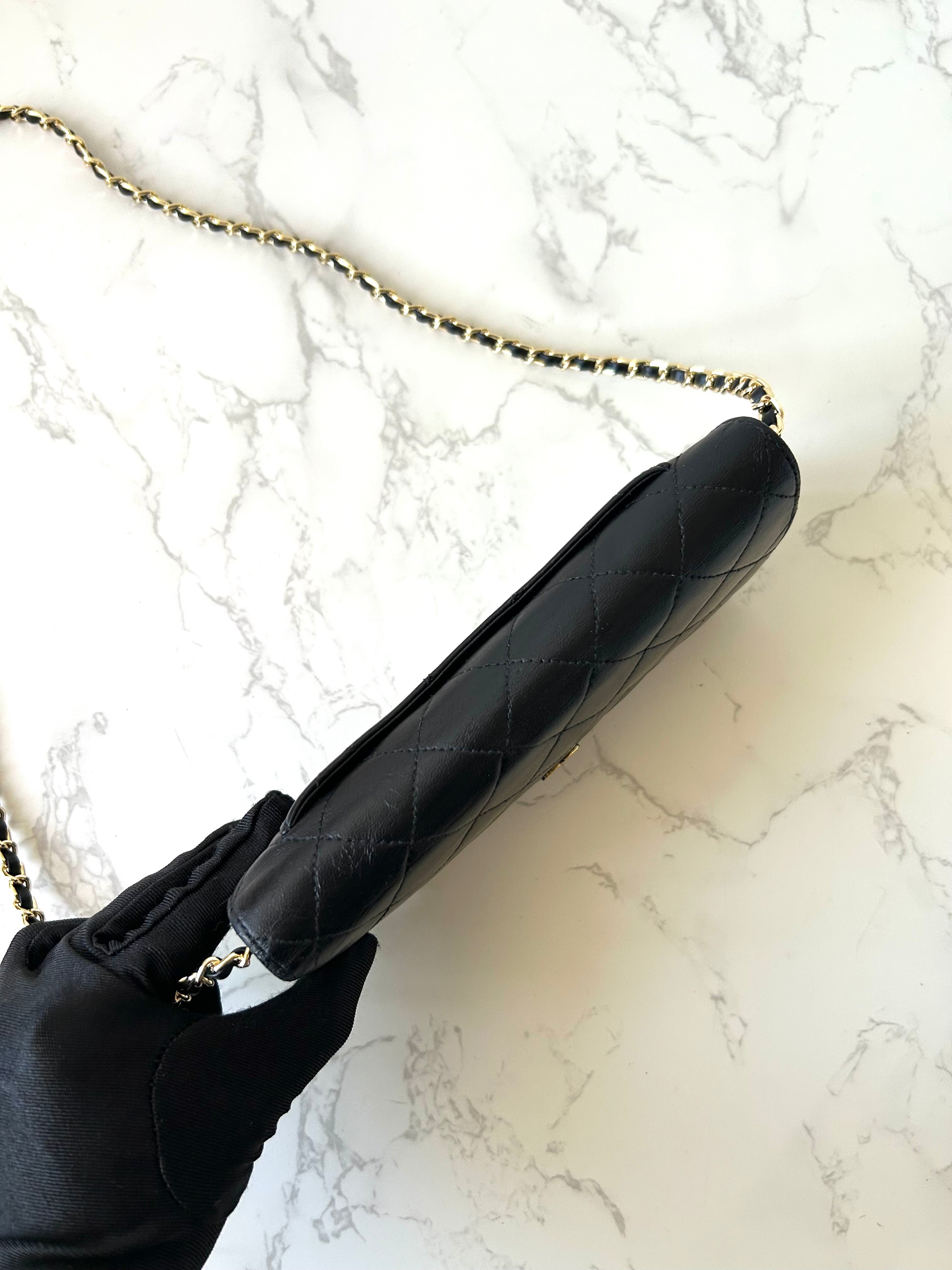 CHANEL black gold lambskin leather WOC long wallet/oblique bag/side bag