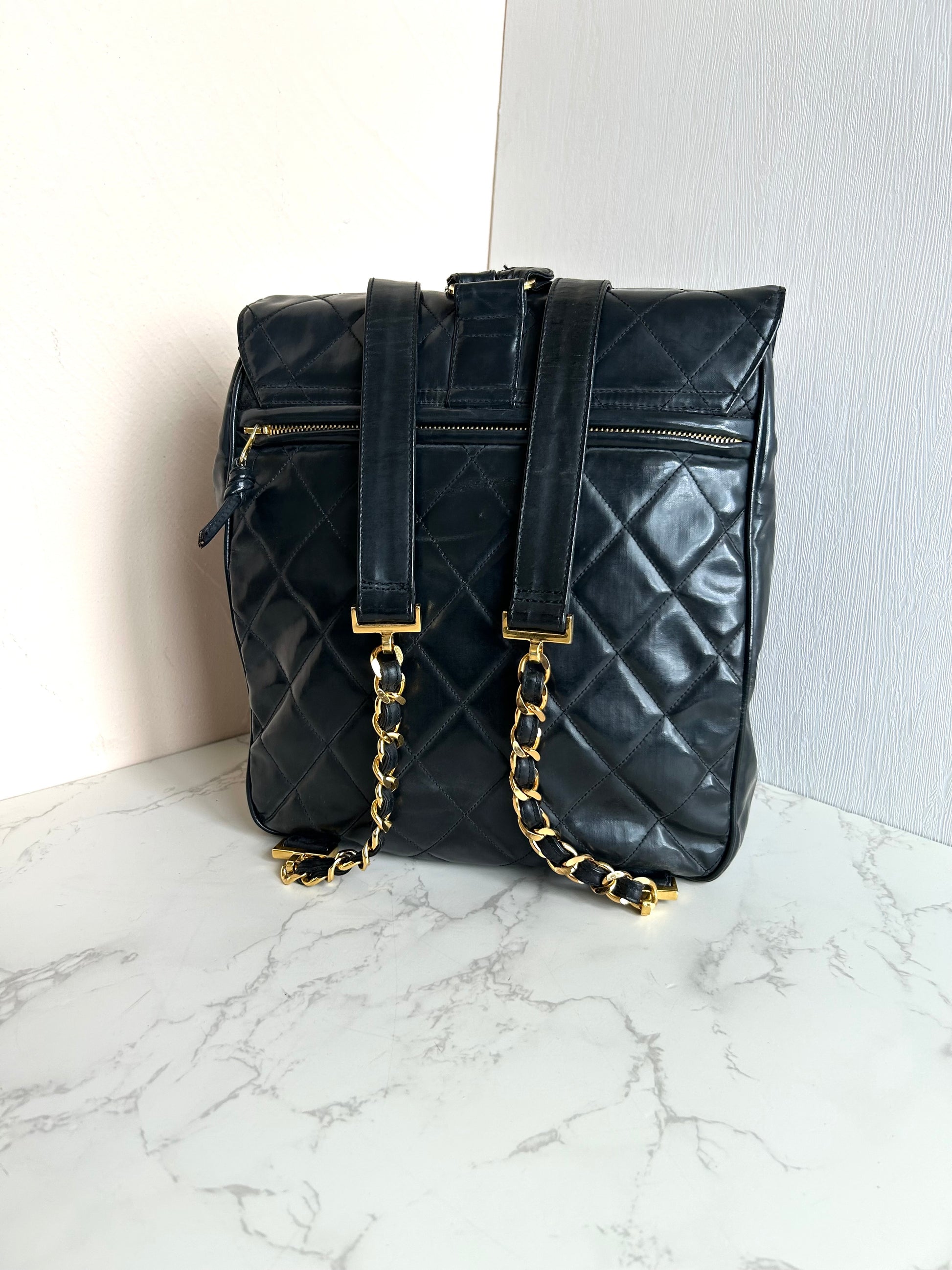CHANEL Rare Large Gold Rotating Buckle Leather Chain Backpack