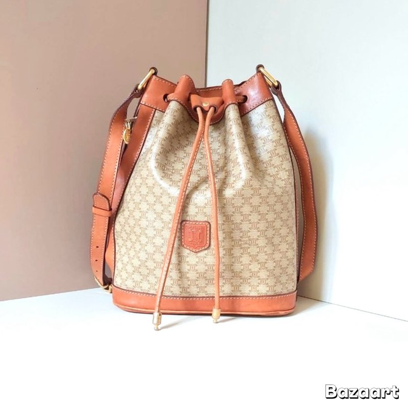 Celine米啡色老花中古水桶包/單肩包/斜背包