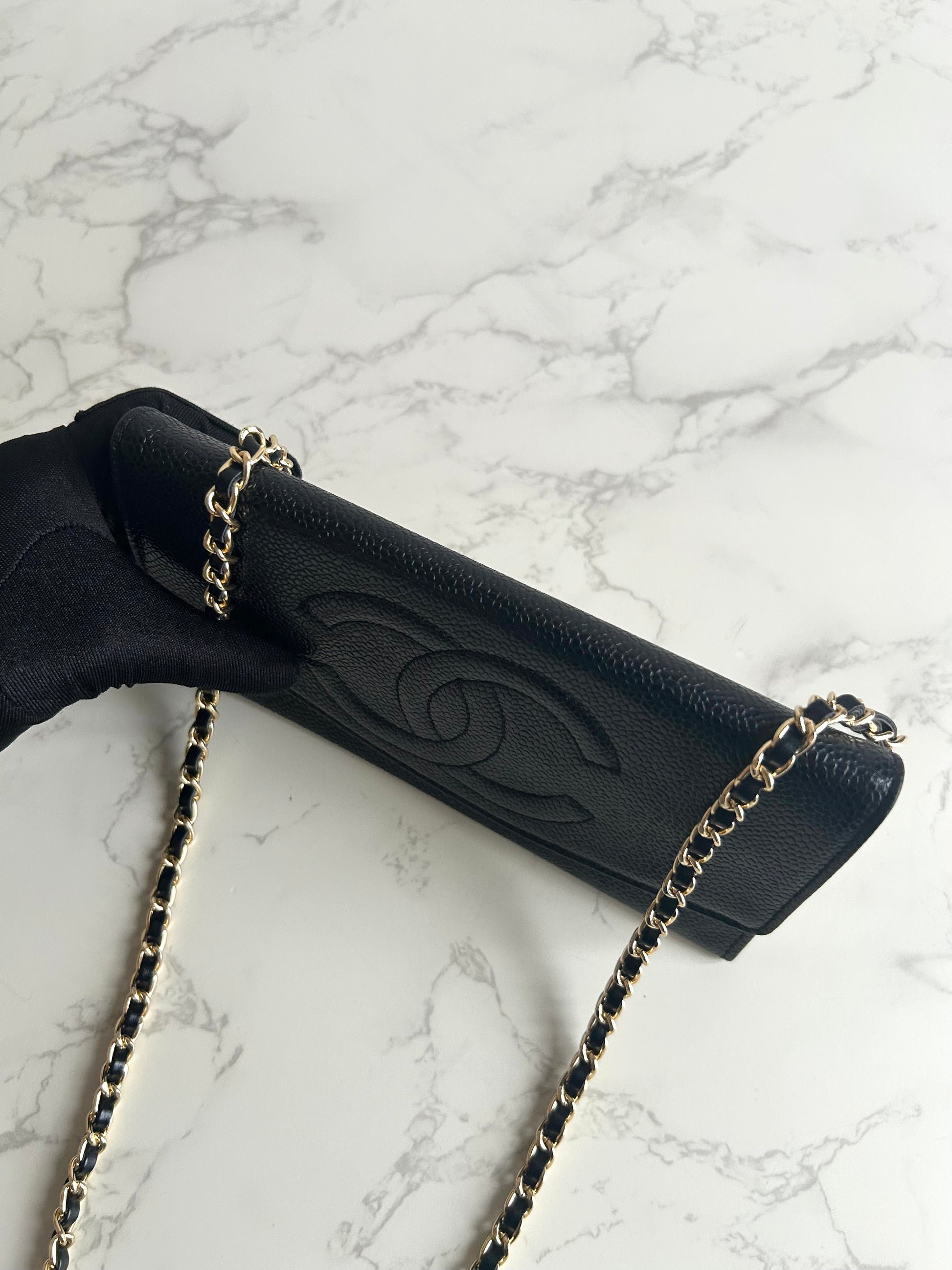 中古二手Chanel黑色魚子醬皮革WOC/側背包/斜背包/錢包