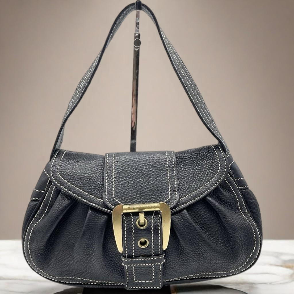 CELINE rare vintage blue and black leather large gold buckle small bag/side backpack/underarm bag
