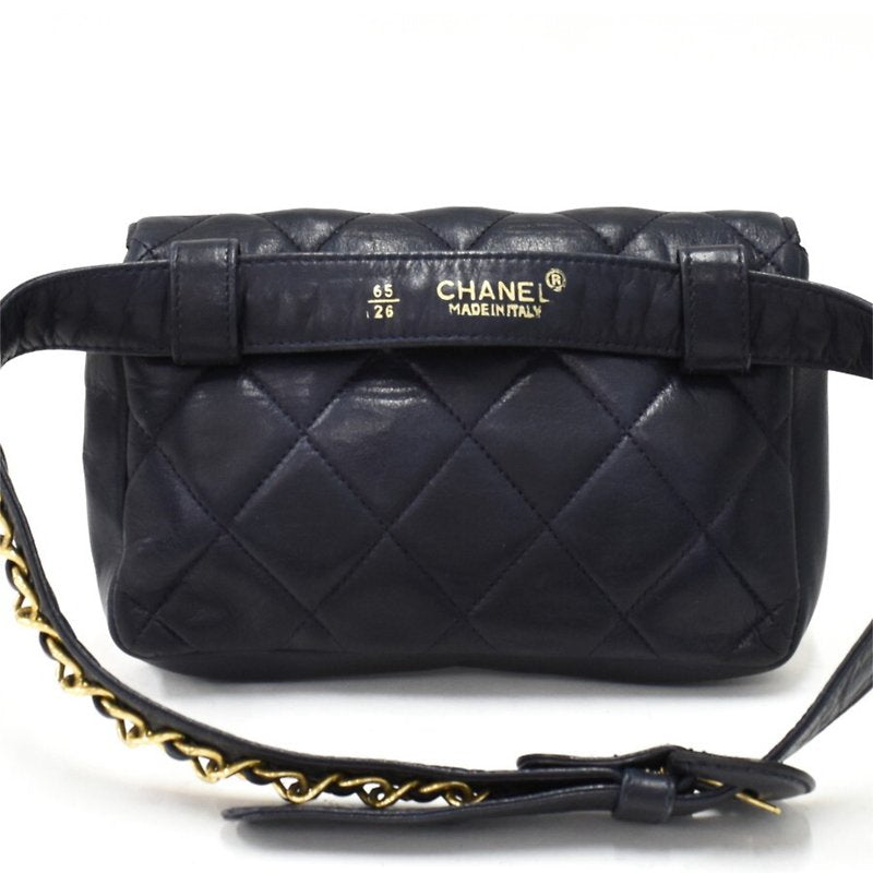 CHANEL rare black blue leather gold rotating buckle belt bag/side bag/clutch bag