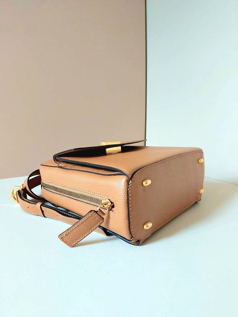CELINE rare caramel brown cross rotating gold buckle leather small backpack / rucksack / backpack