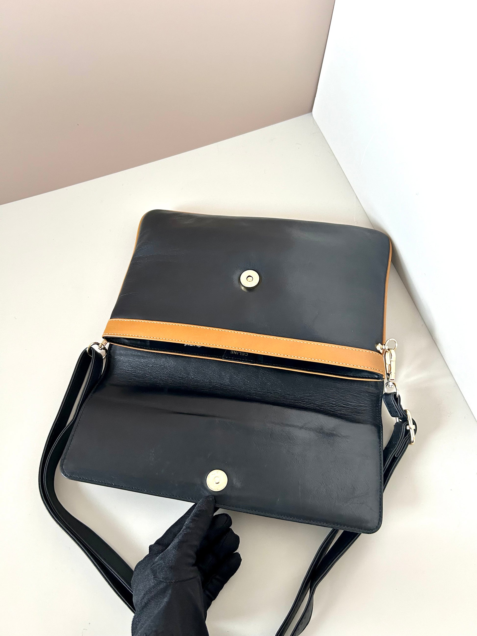 CELINE rare black carriage gold buckle side bag/clutch/crossbody bag