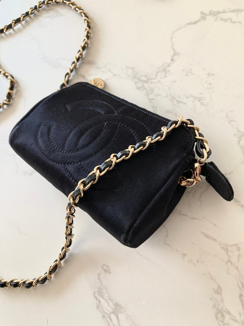 CHANEL Rare Black Satin Chain Small Bag/Side Bag/Messenger Bag/Clutch Bag - Japanese Second-hand Vintage