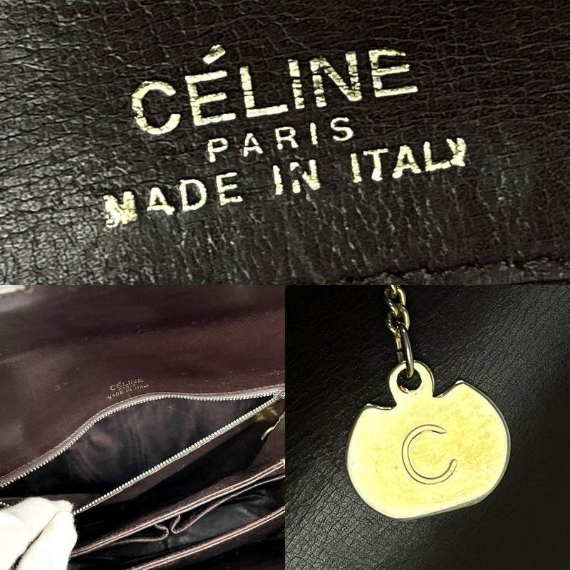 CELINE 咖啡色金環扣拼皮信封包/側背包