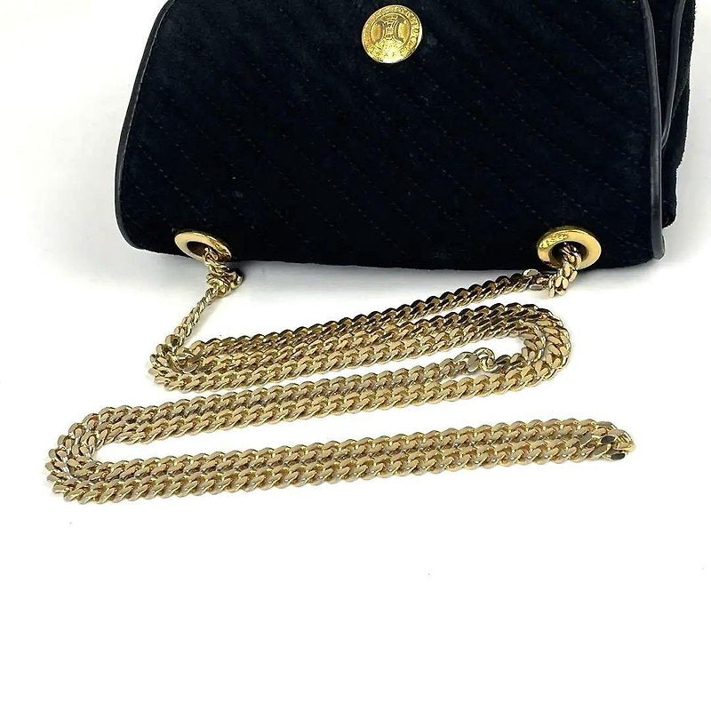 CELINE rare gold Arc de Triomphe badge black leather evening bag / side bag / oblique bag