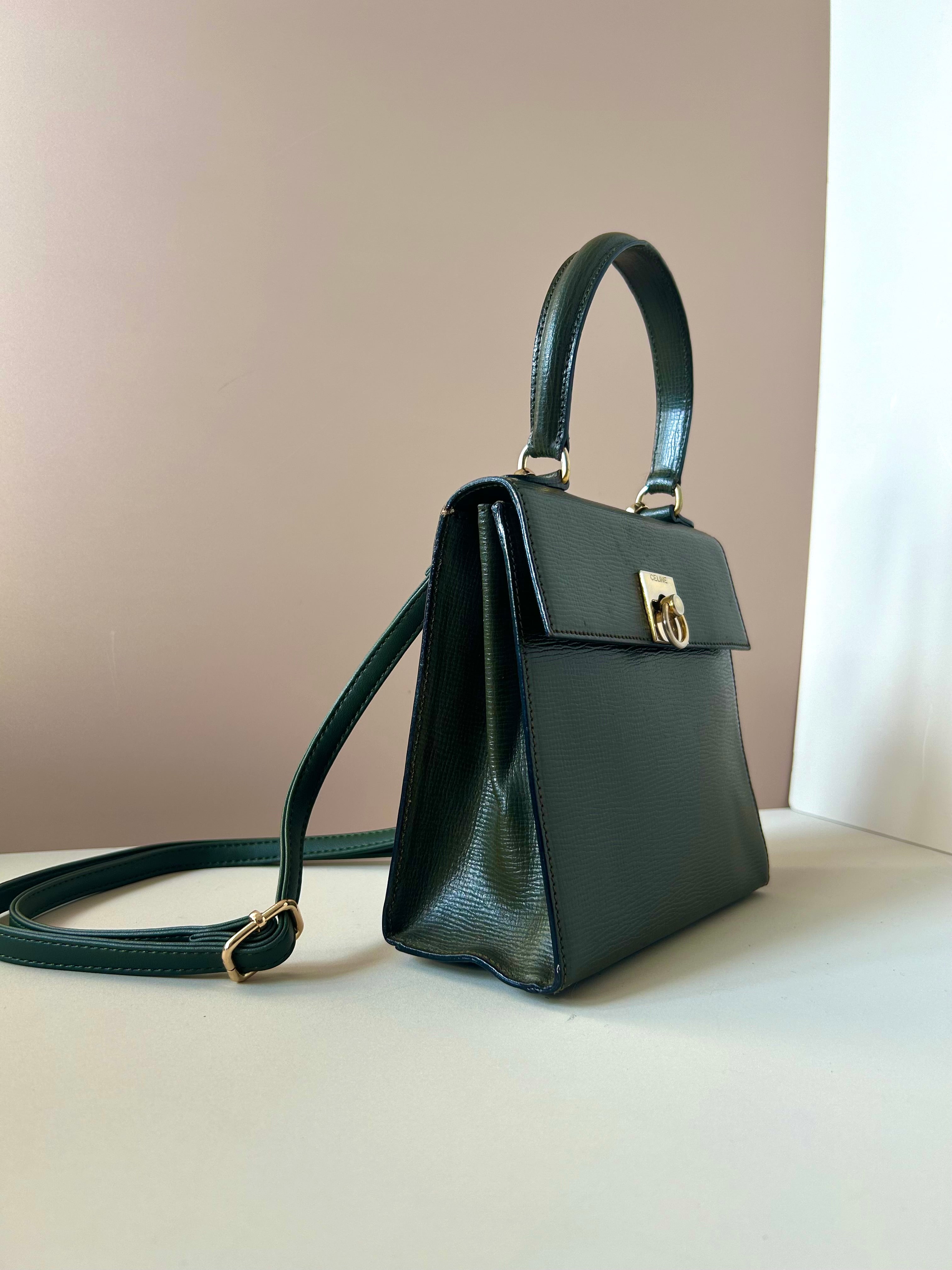 CELINE rare olive green gold buckle leather mini Kelly handbag/side bag/crossbody bag