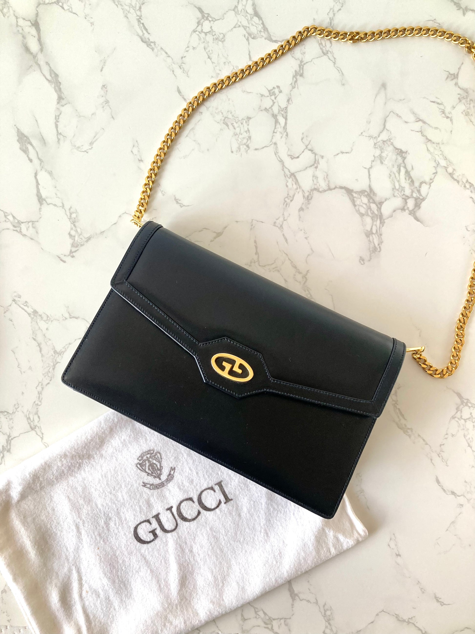 GUCCI Black x Gold Calf Leather Envelope Crossbody Chain Bag