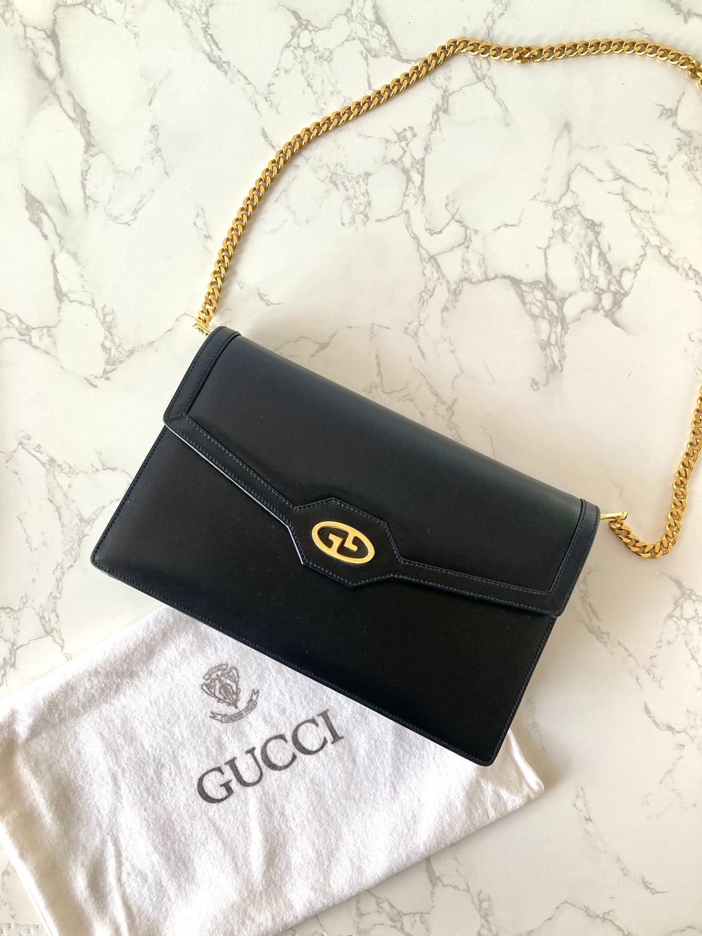 GUCCI Black x Gold Calf Leather Envelope Crossbody Chain Bag