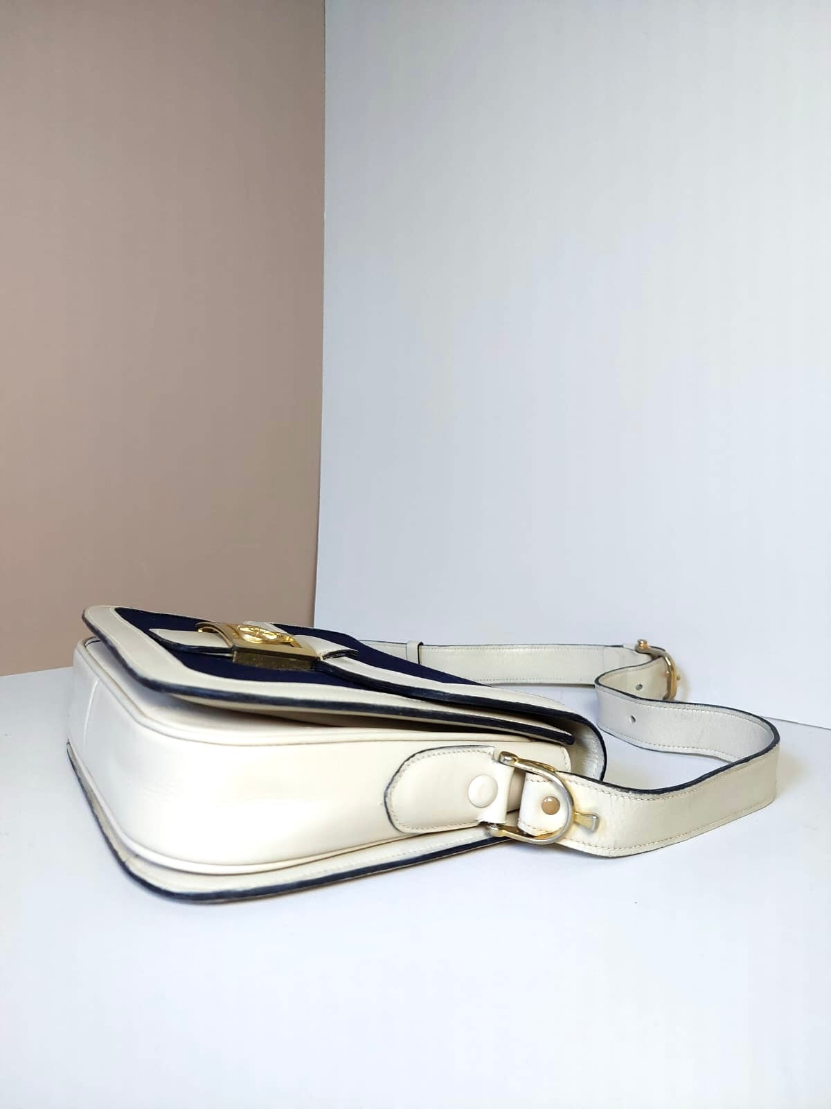 CELINE Rare Navy Blue Canvas and Leather C-Macadam Gold Buckle Shoulder Bag