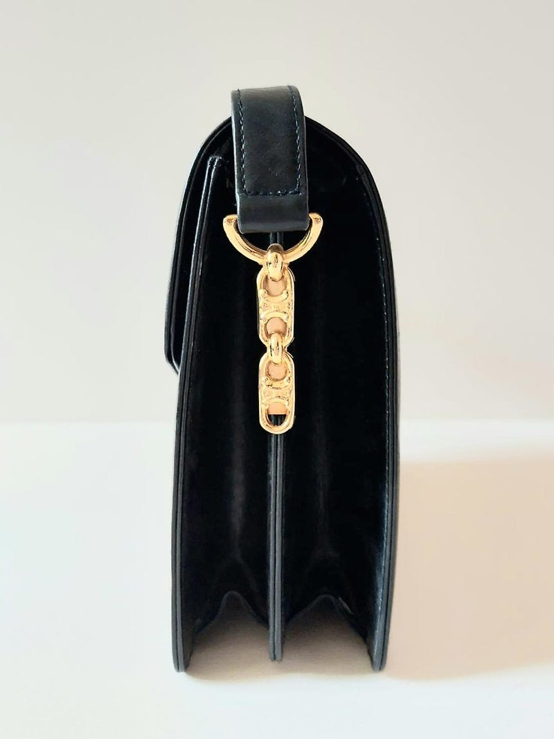 CELINE rare carriage hexagonal gold buckle black leather side bag / oblique bag - Japanese second-hand Vintage