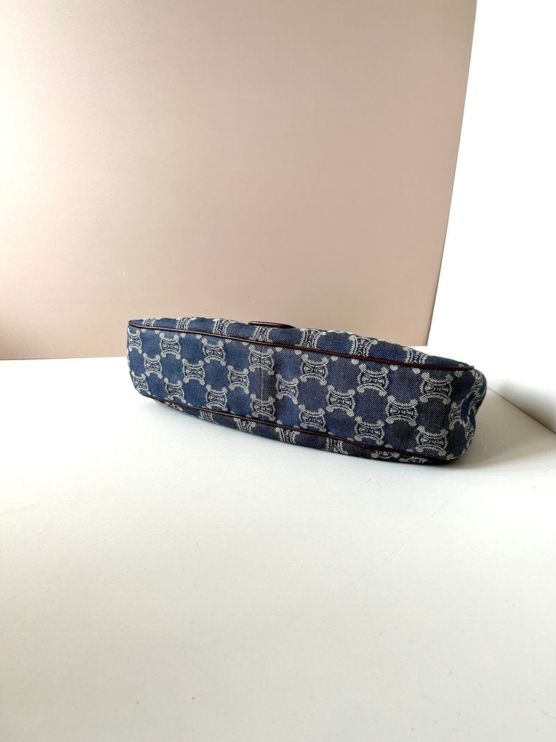 CELINE rare denim blue Arc de Triomphe old flower leather bag / side backpack / underarm bag
