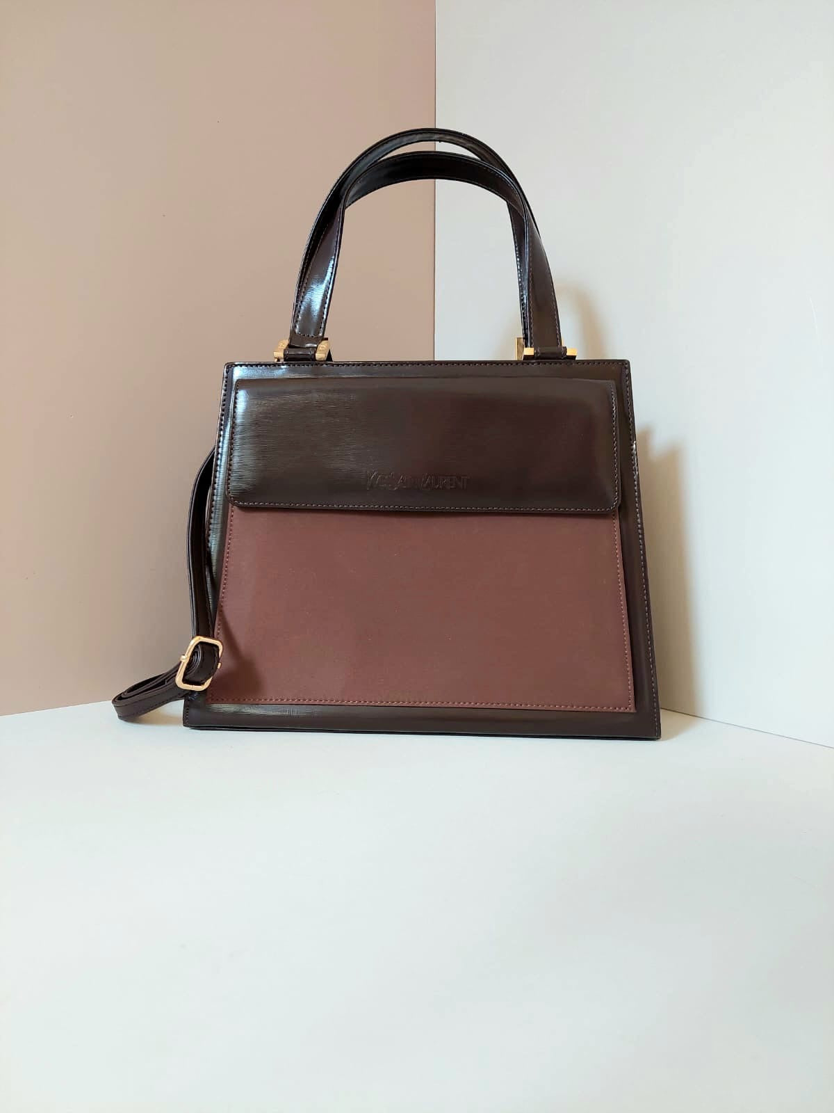 Yves Saint Laurent YSL 黑啡色皮革凱莉側背包/斜背包