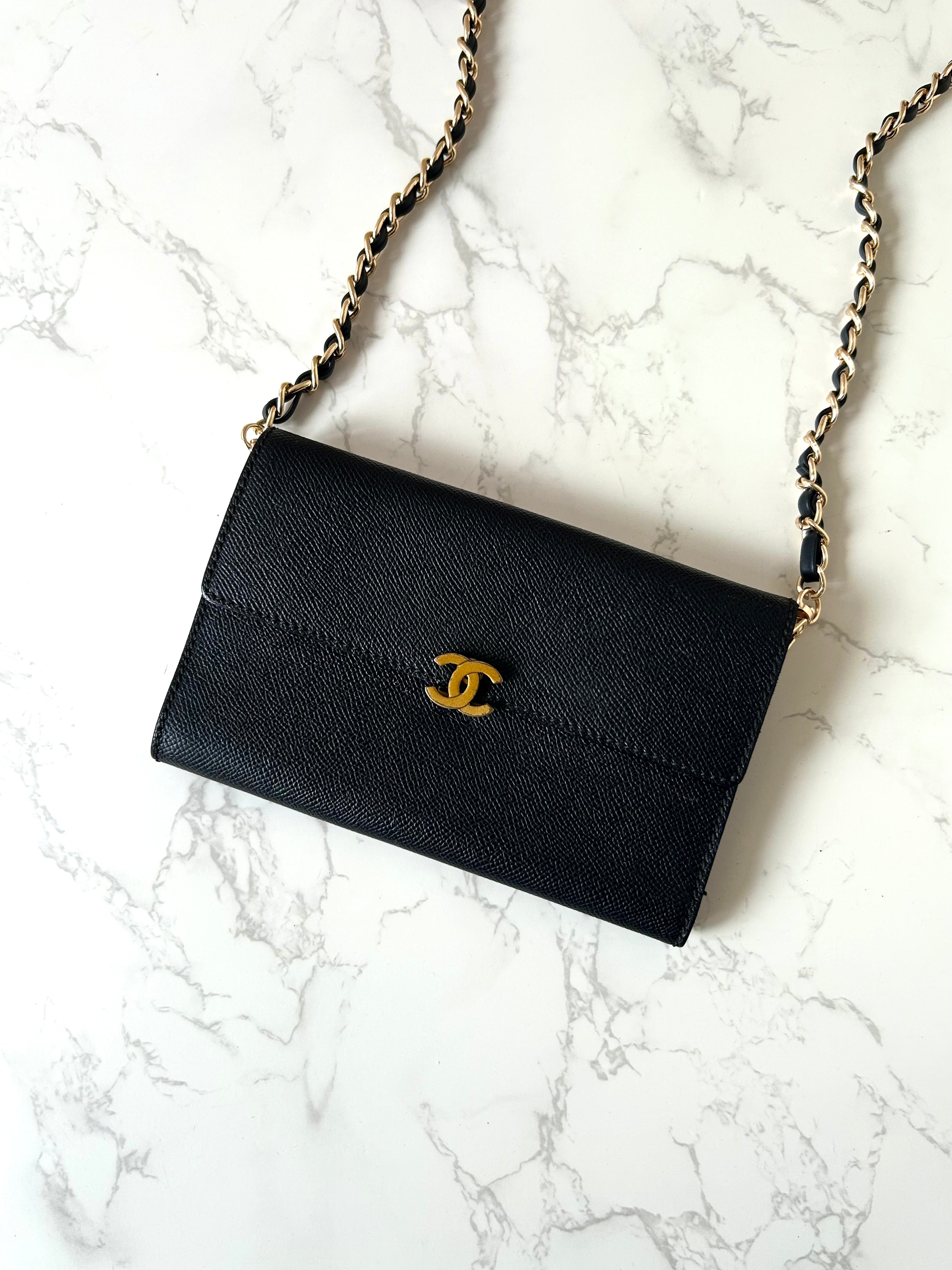 CHANEL Black Gold Caviar Leather Side Bag/Messenger Bag/Long Clip/Wallet
