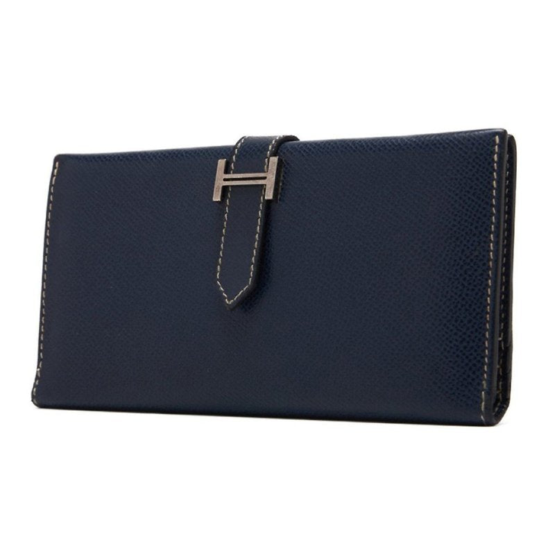 HERMES Bearn 藍黑色銀扣羊皮皮革長夾/錢包