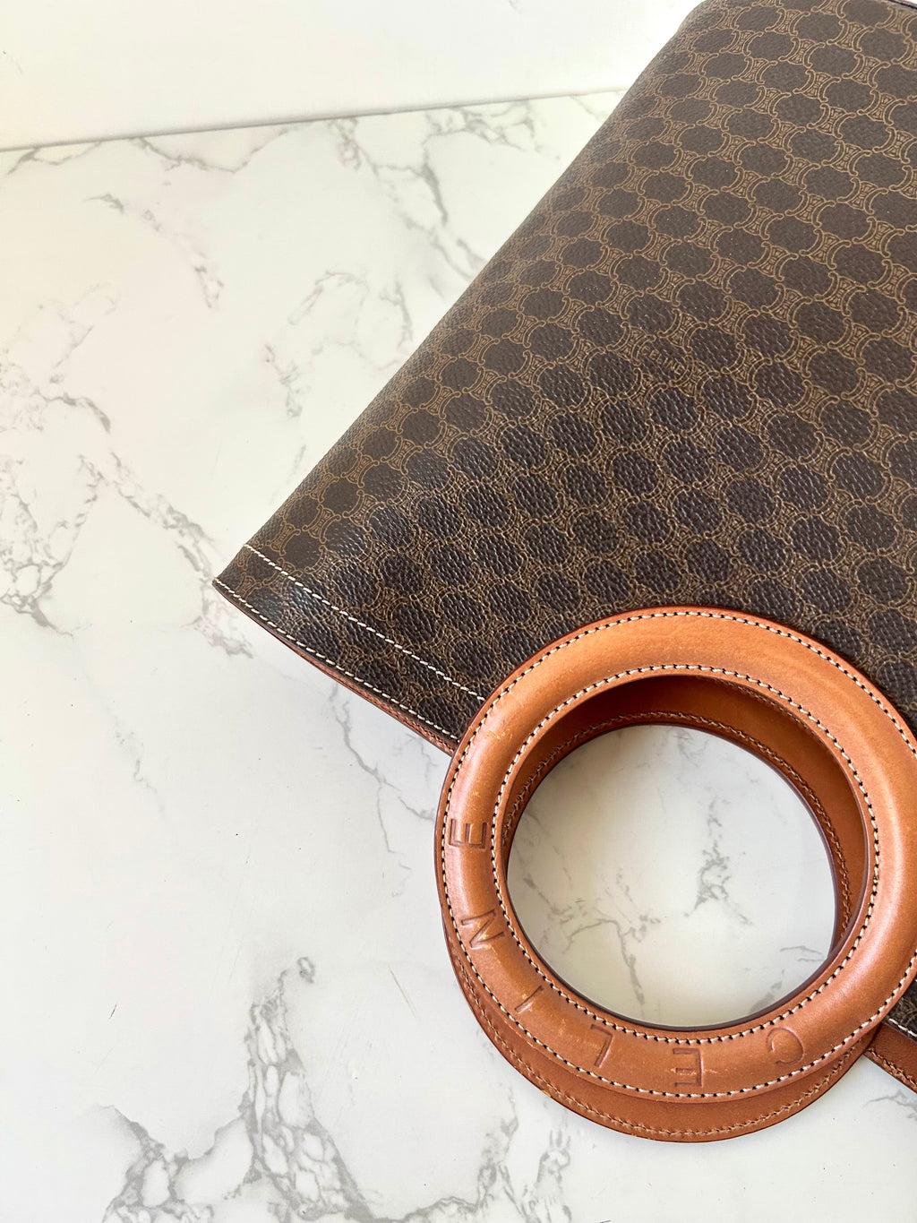 CELINE rare large leather ring coffee color old flower tote bag / handbag