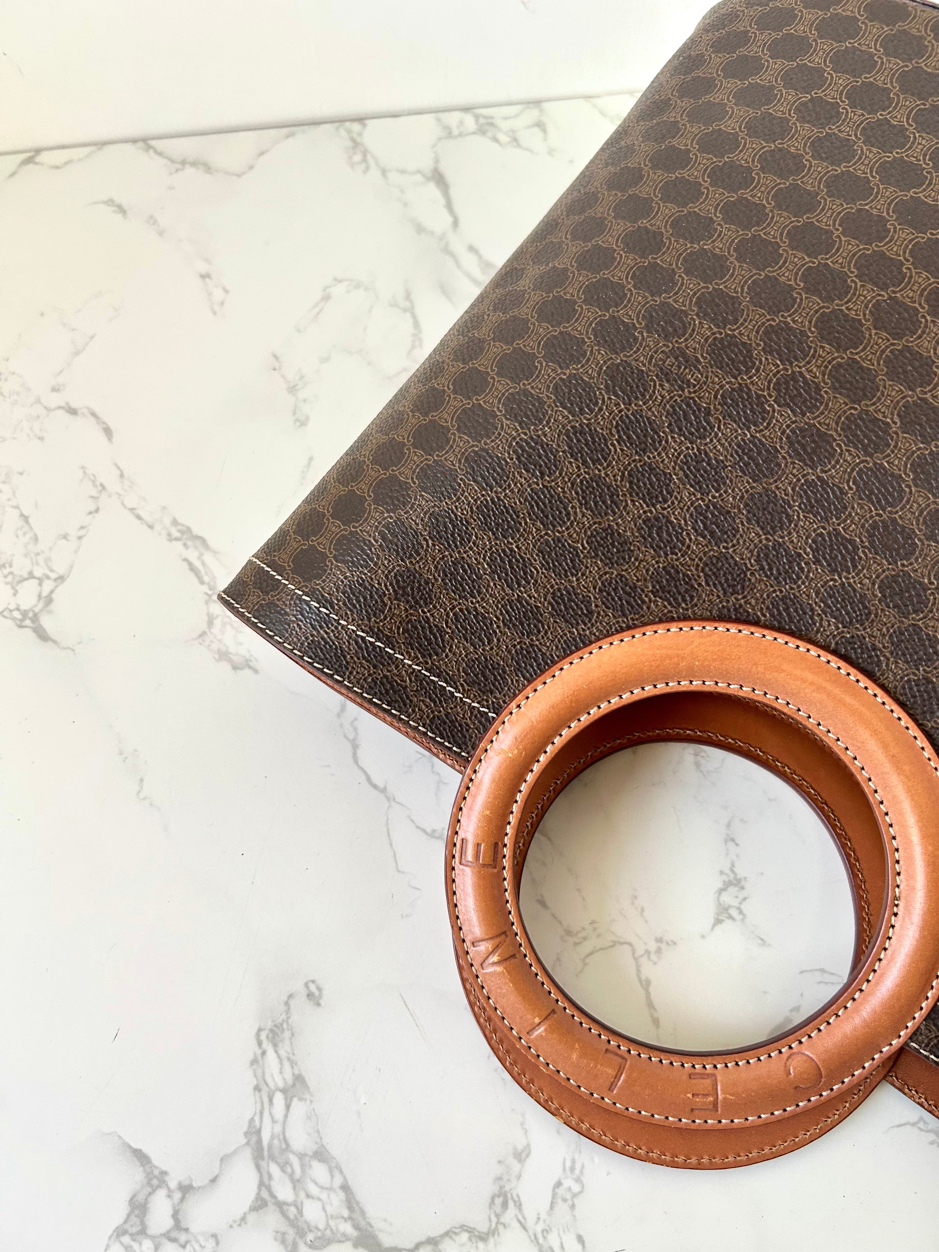 CELINE rare large leather ring coffee color old flower tote bag / handbag