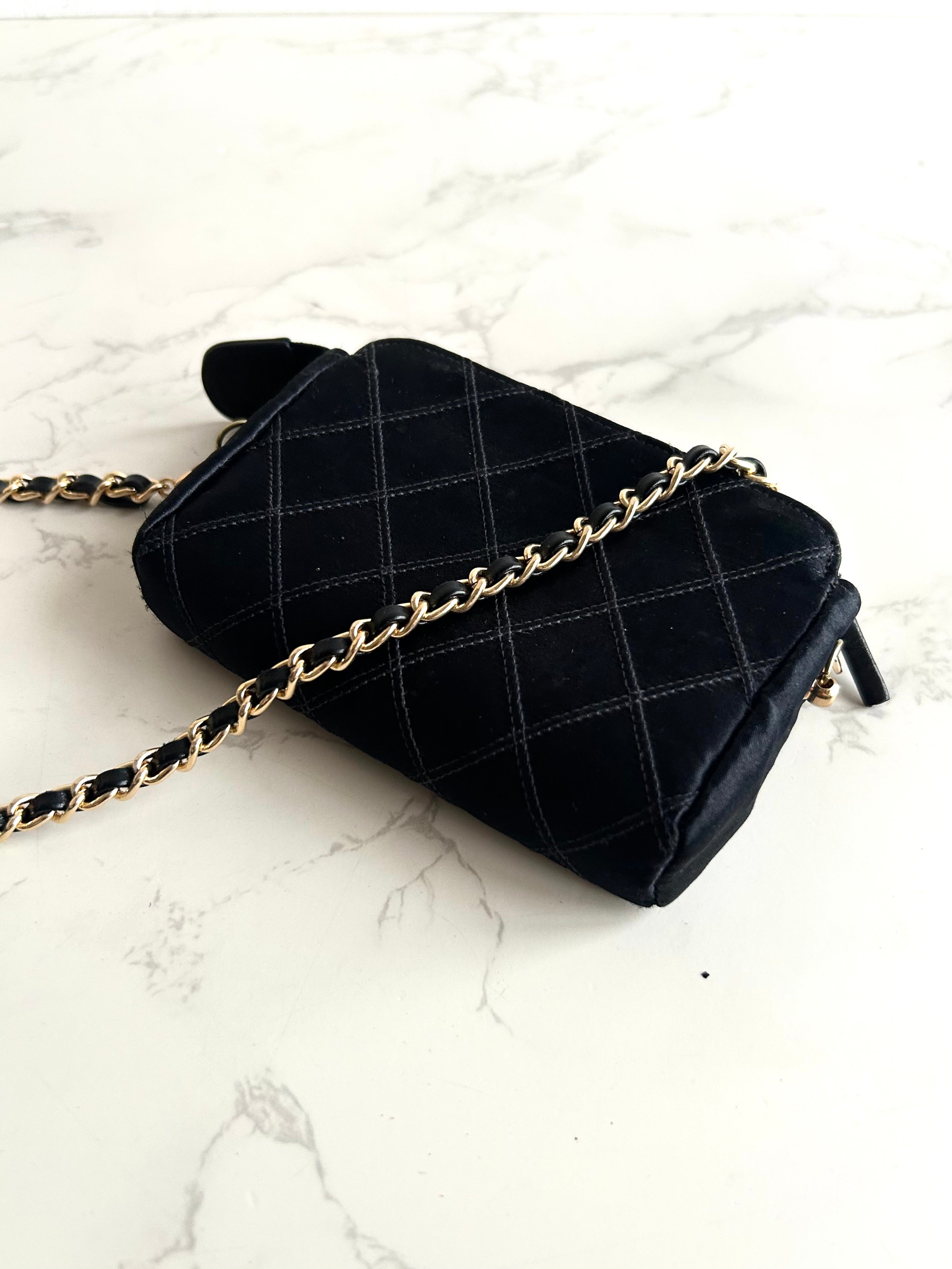 Rare Chanel Black and Gold Rhinestone Silk Bag/Shoulder Bag/Crossbody Bag