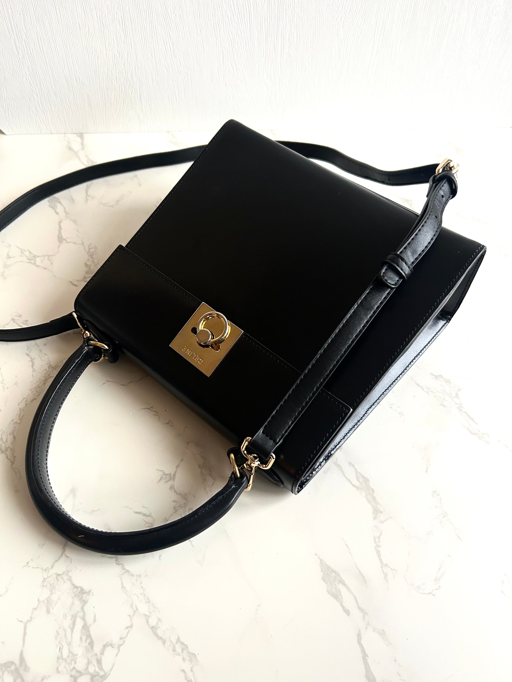 Celine 小號黑金Two-way凱莉包 皮斜背包 側背包 手提包