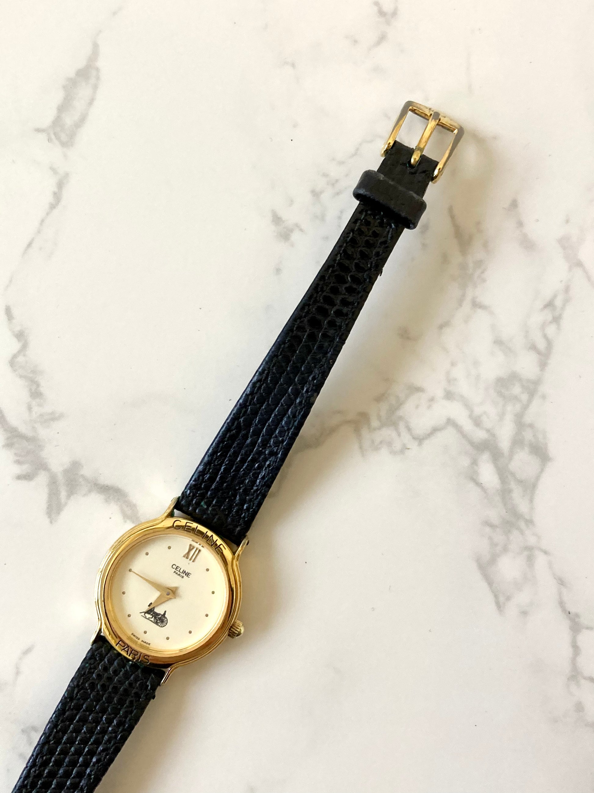 CELINE Rare Horse Carriage Black x Gold Leather Lady's Quartz Watch