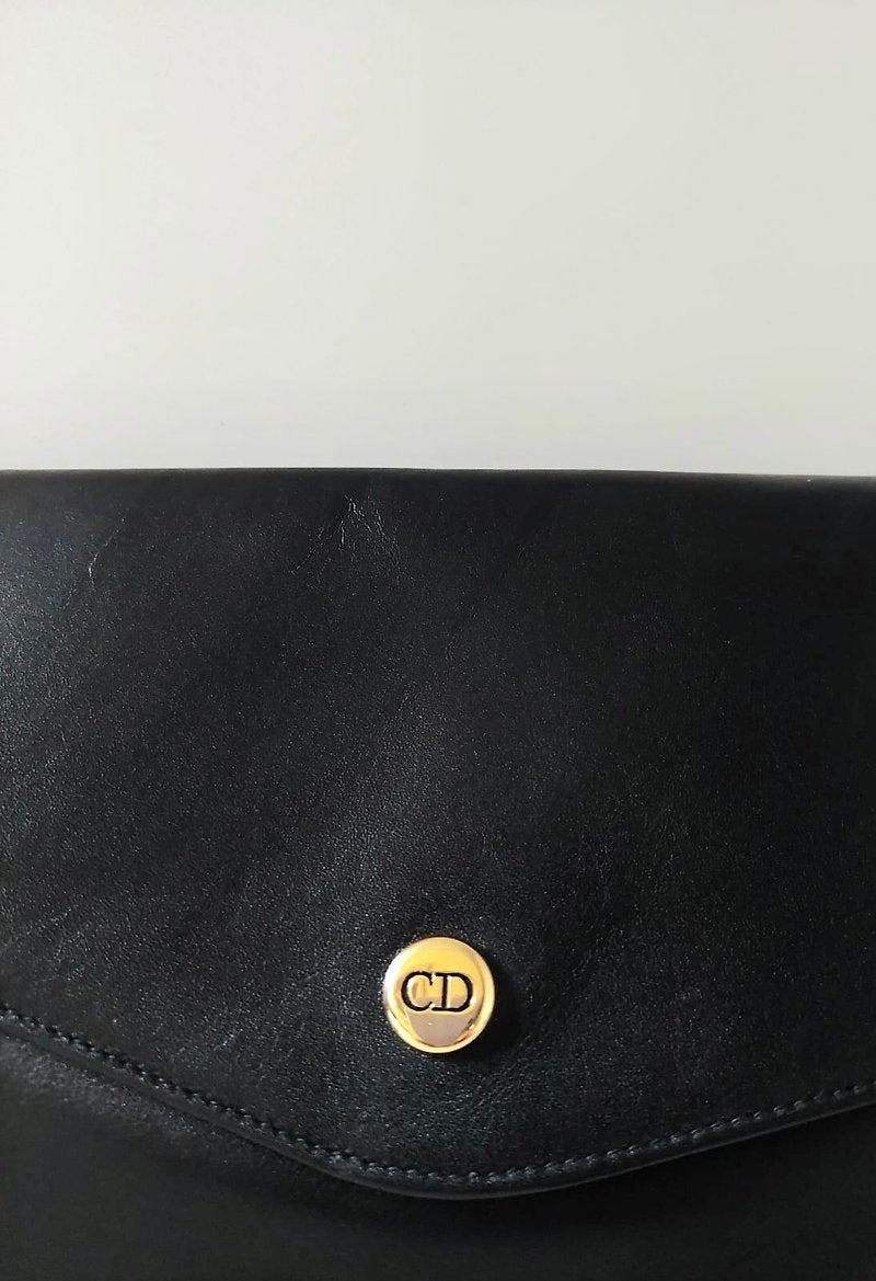 CHRISTIAN DIOR 黑金色皮革信封小包/側背包/斜背包/手拿包 - 日本中古二手Vintage