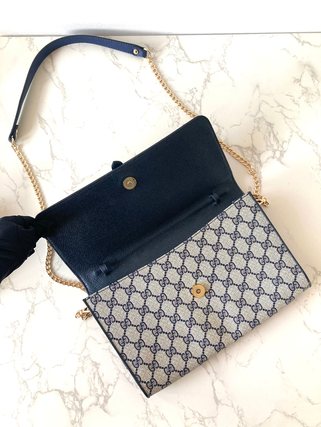 GUCCI Navy Monogram x Gold Horseshoe Two-way Shoulder Bag / Clutch