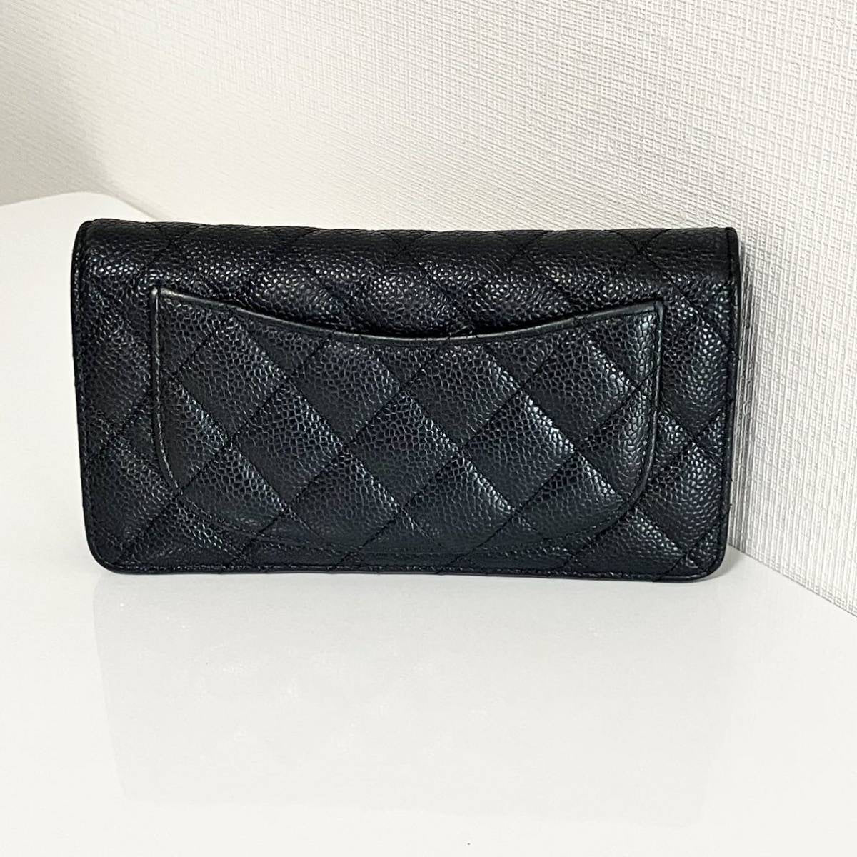 CHANEL Full Set Caviar Leather Black x Gold Long Bi-fold Wallet