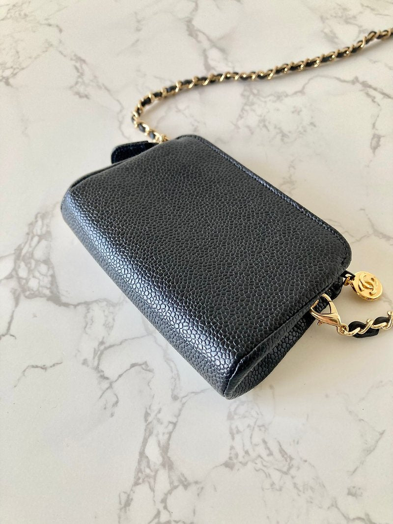 CHANEL Rare Black Caviar Leather Chain Small Bag/Side Bag/Messenger Bag/Clutch Bag