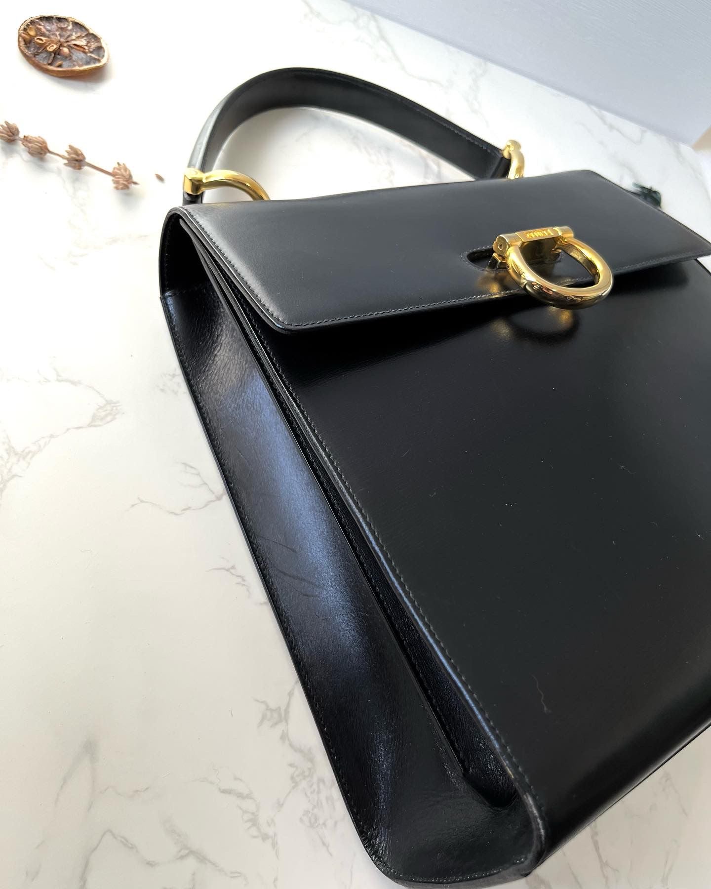 CELINE Black x Gold Horseshoe Leather Handbag